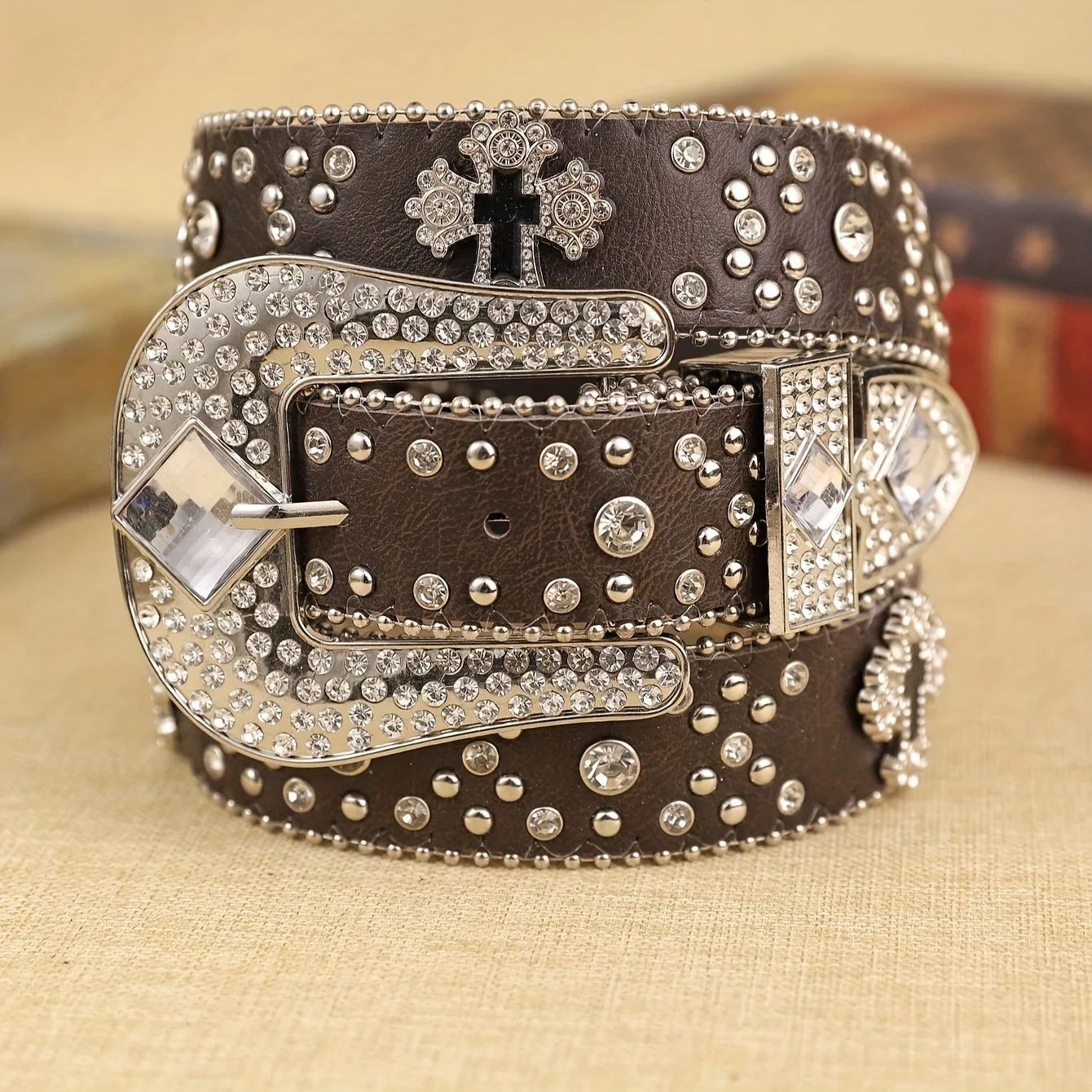 1 Piece Women's PU Coffee Metal Accessory Rhinestone Cross Chain Buckle Waistband Fashion Trendy Bohemian Style Belt Suitable Fo