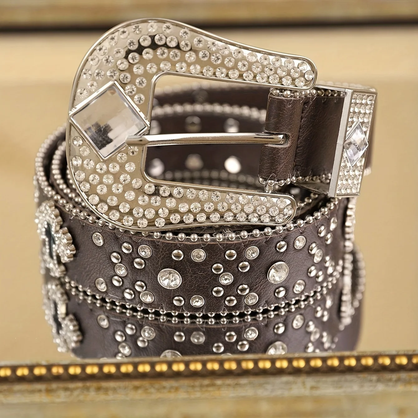 1 Piece Women's PU Coffee Metal Accessory Rhinestone Cross Chain Buckle Waistband Fashion Trendy Bohemian Style Belt Suitable Fo