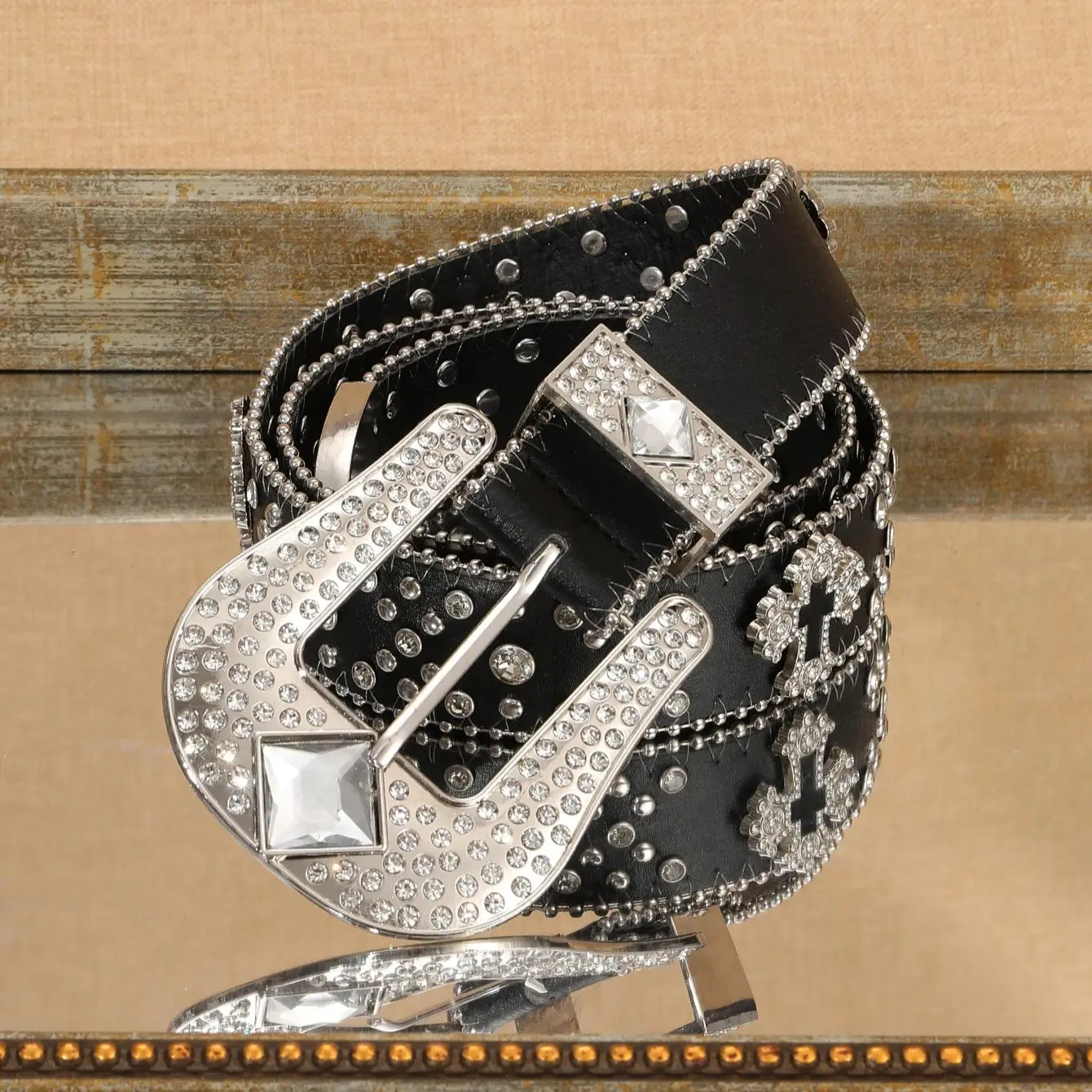 1 Piece Women's PU Coffee Metal Accessory Rhinestone Cross Chain Buckle Waistband Fashion Trendy Bohemian Style Belt Suitable Fo