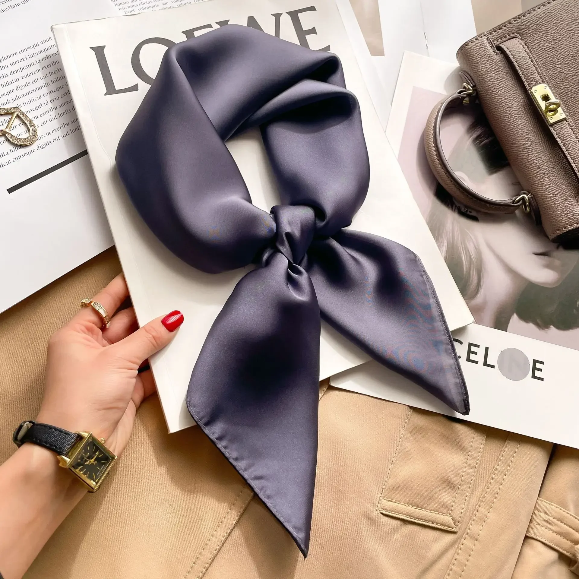 70cm Solid Colors Neckerchief Hijab Scarf For Women Silk Satin Headband Hair Scarves Female Square Shawls Head Scarfs For Ladies