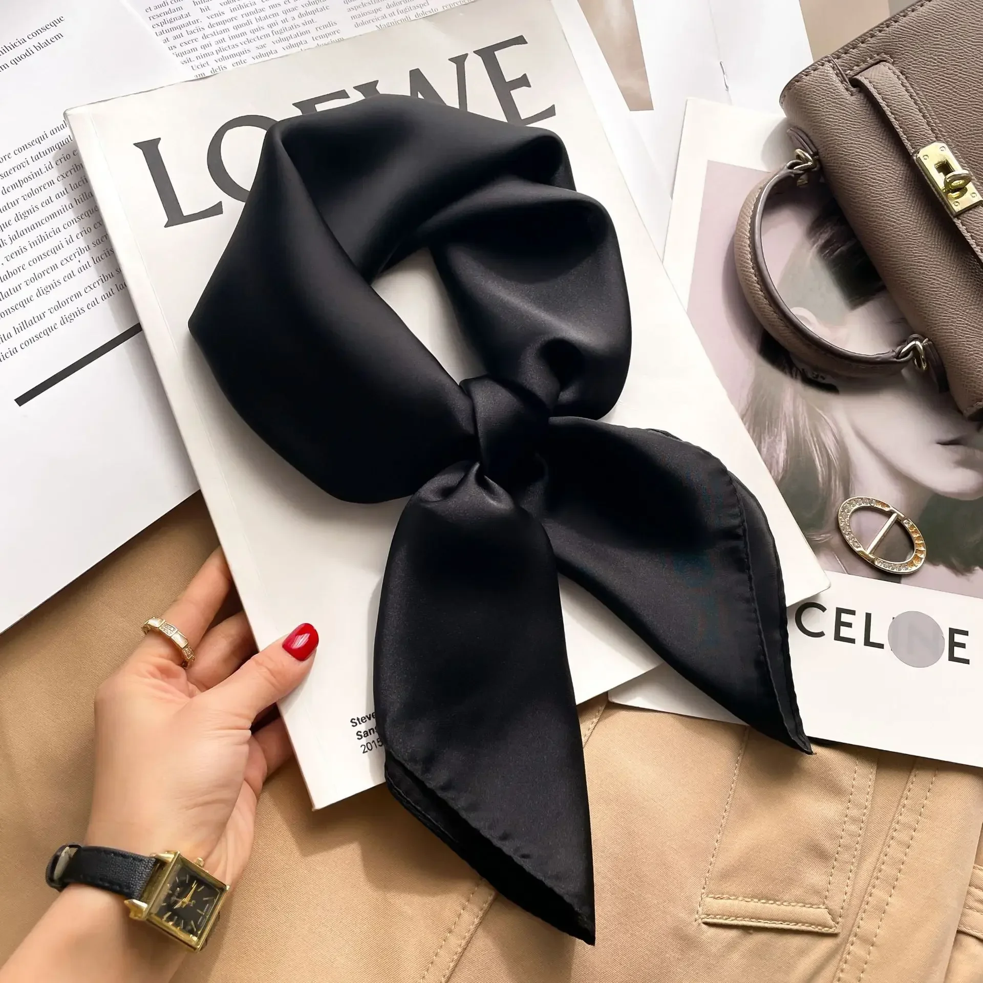 70cm Solid Colors Neckerchief Hijab Scarf For Women Silk Satin Headband Hair Scarves Female Square Shawls Head Scarfs For Ladies