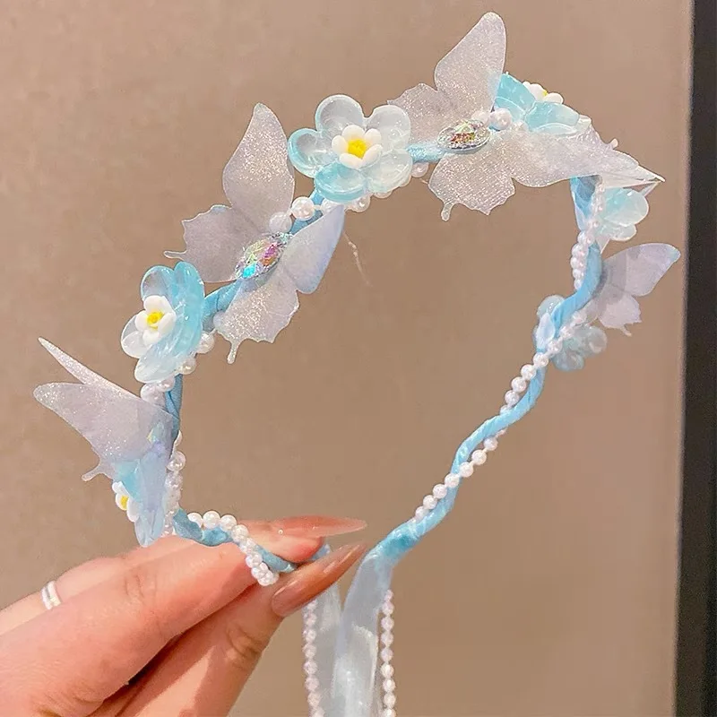 Floral Wreath Headband for Kids Pearl Streamer 2026 New Style Butterfly Braid Hair Accessories Non Slip Soft Cute Toddler Girls