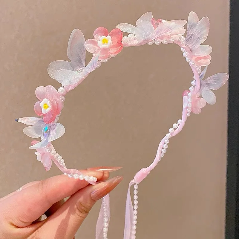 Floral Wreath Headband for Kids Pearl Streamer 2026 New Style Butterfly Braid Hair Accessories Non Slip Soft Cute Toddler Girls
