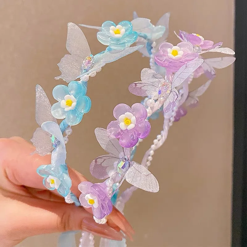 Floral Wreath Headband for Kids Pearl Streamer 2026 New Style Butterfly Braid Hair Accessories Non Slip Soft Cute Toddler Girls
