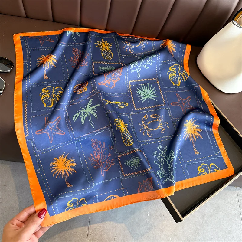 Blue Print Silk Square Scarf Women Luxury Soft Satin Shawl Hijab Neckerchief Female Hair Ribbon Headband Fashion Wrap Bandana