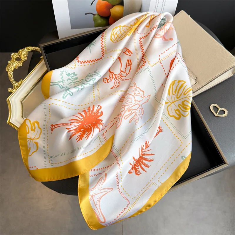 Blue Print Silk Square Scarf Women Luxury Soft Satin Shawl Hijab Neckerchief Female Hair Ribbon Headband Fashion Wrap Bandana