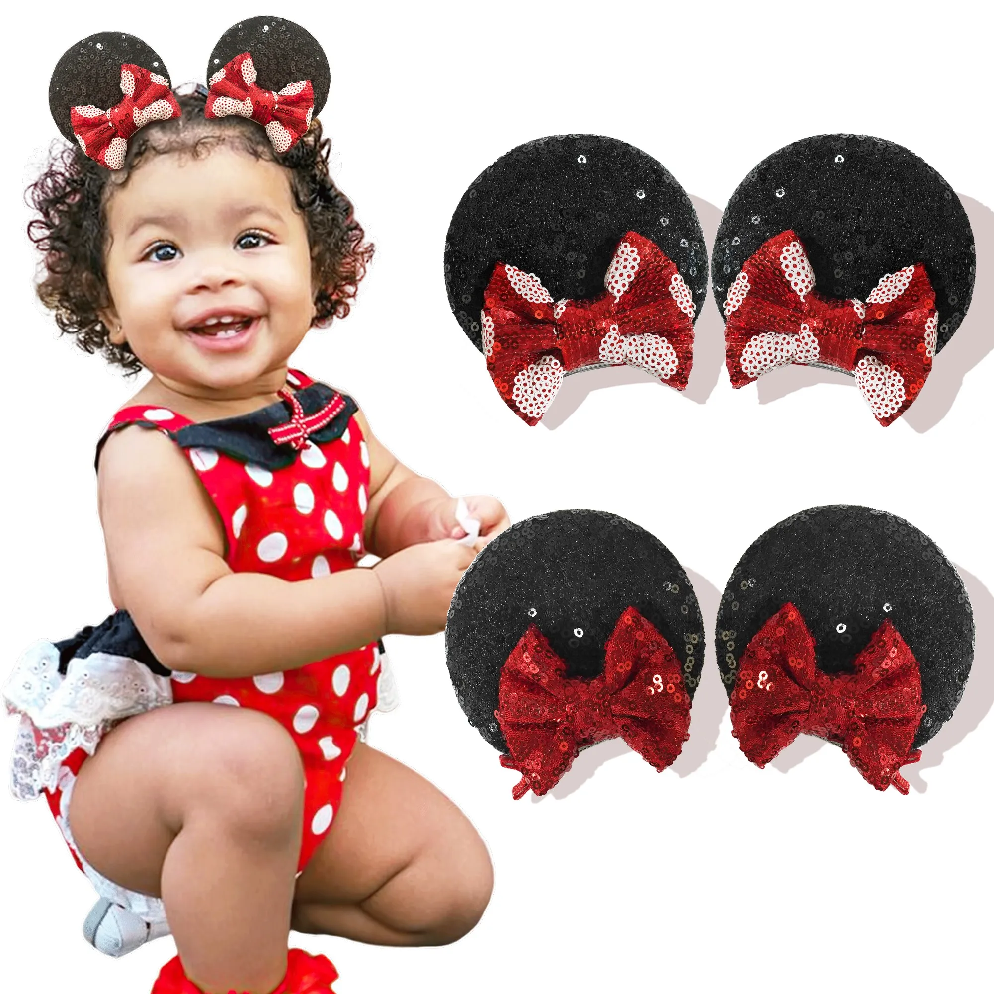 4Pcs Sequin Mouse Ears Hair Clips Glitter Hair Bows Cute Mice Ears Hair Clip Barrettes for Women Girls Hair Accessories for Part