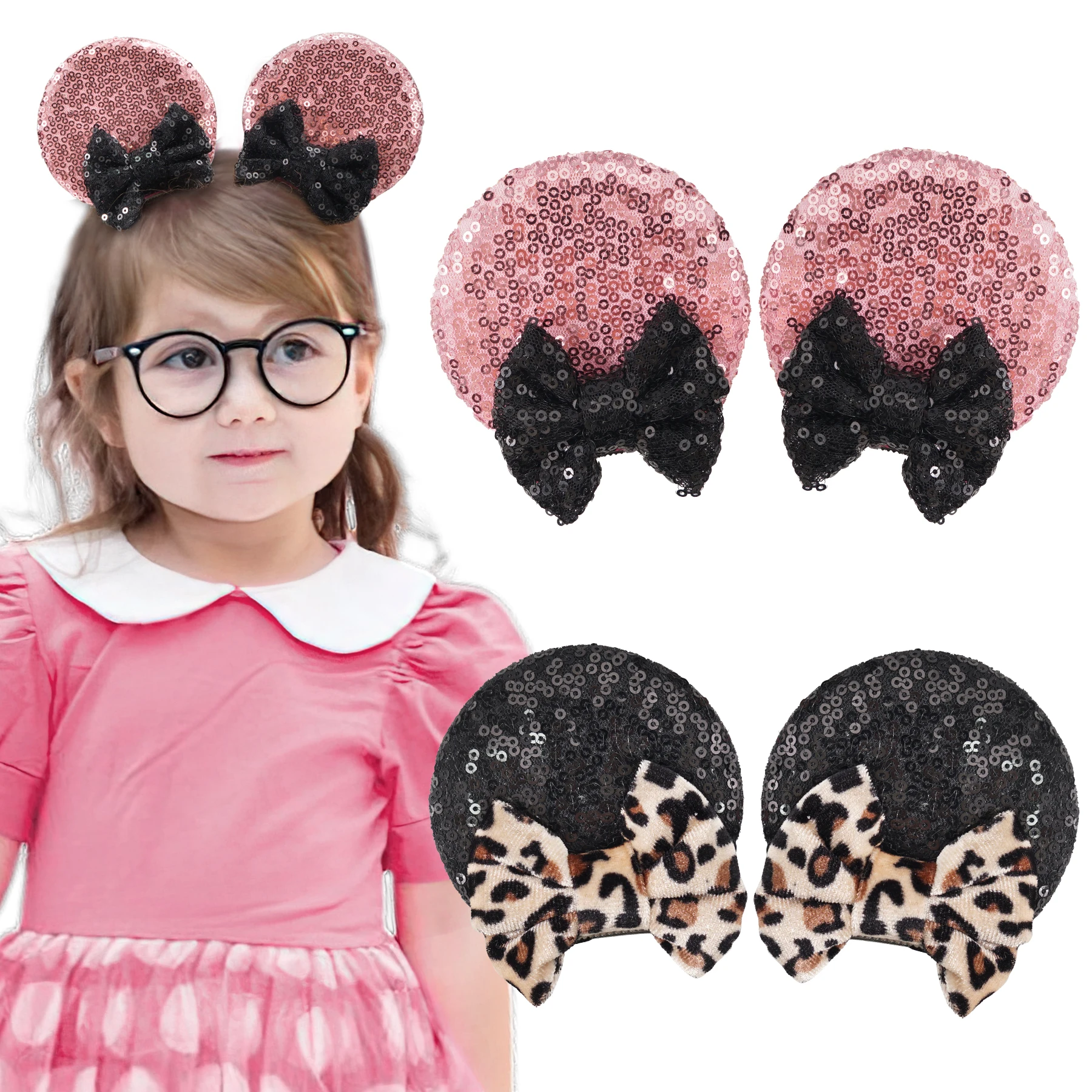 4Pcs Sequin Mouse Ears Hair Clips Glitter Hair Bows Cute Mice Ears Hair Clip Barrettes for Women Girls Hair Accessories for Part