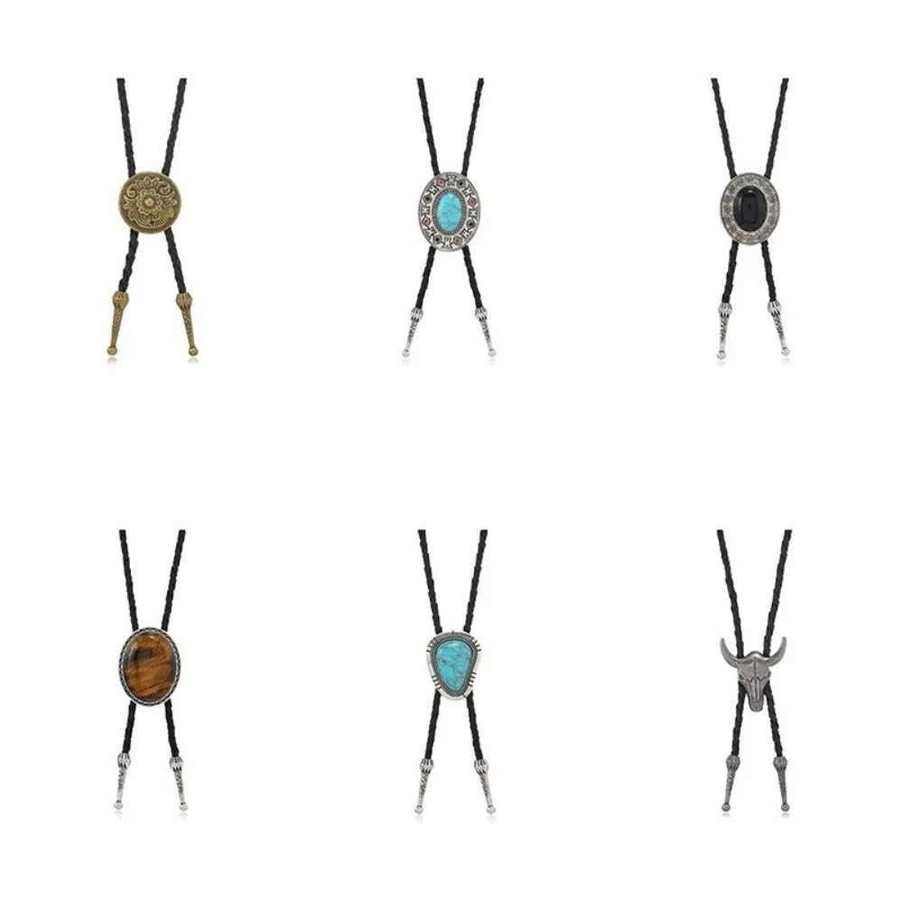 Vintage Artistic Bolo Tie Necklace Antique Silver Turquoise Inlaid Retro Tie Necklace Round Disc Personality