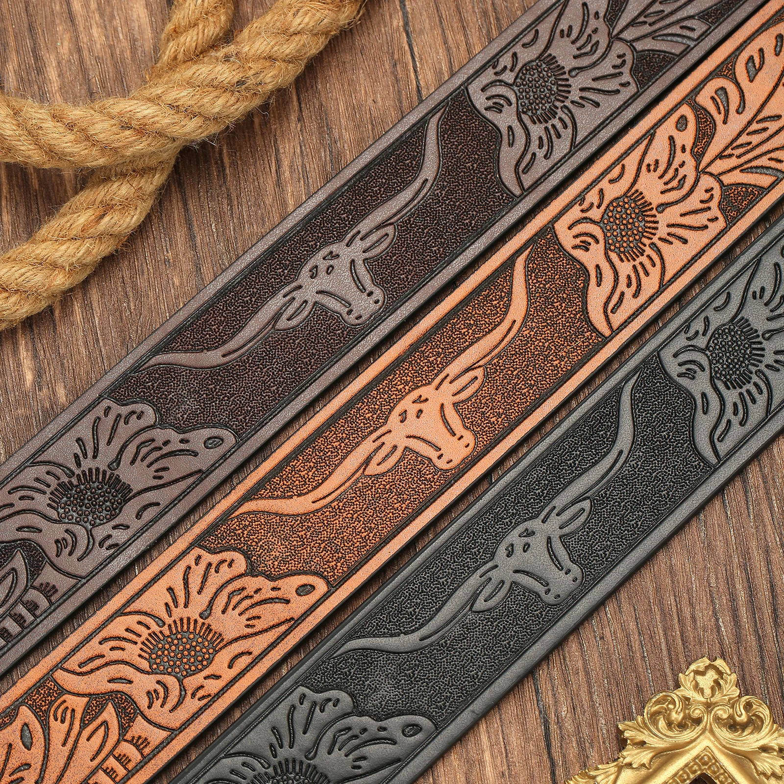 Men Western Pattern Embossed Belt Blank Strap, No Buckle Retro Cowboy Pu Leather Belt Replacement Strap