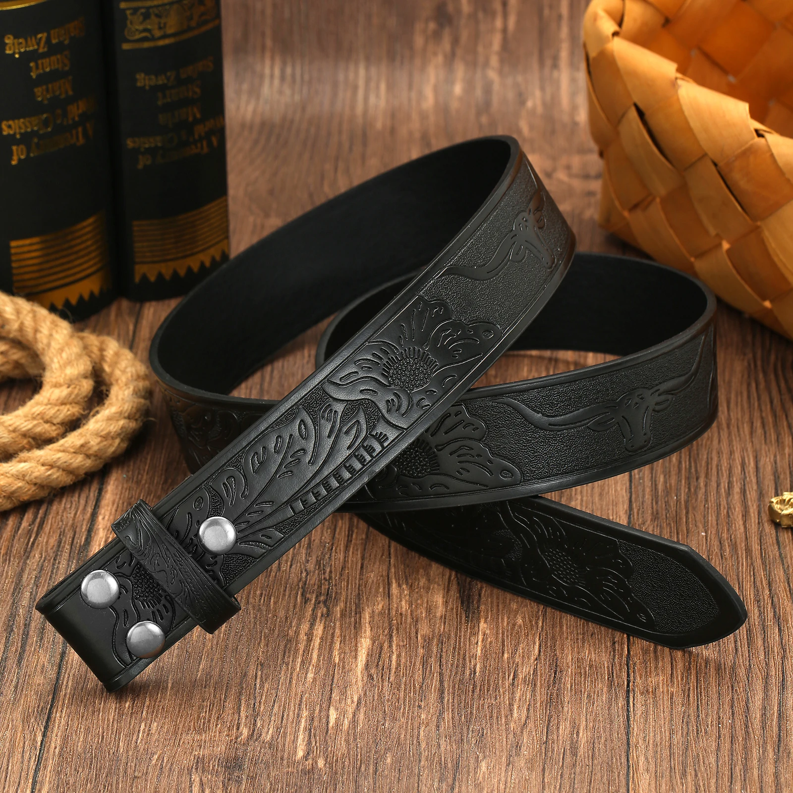 Men Western Pattern Embossed Belt Blank Strap, No Buckle Retro Cowboy Pu Leather Belt Replacement Strap