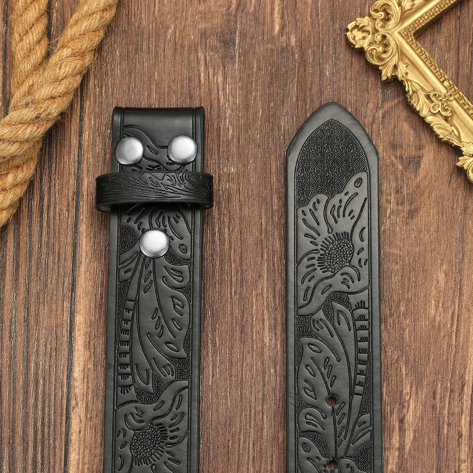 Men Western Pattern Embossed Belt Blank Strap, No Buckle Retro Cowboy Pu Leather Belt Replacement Strap