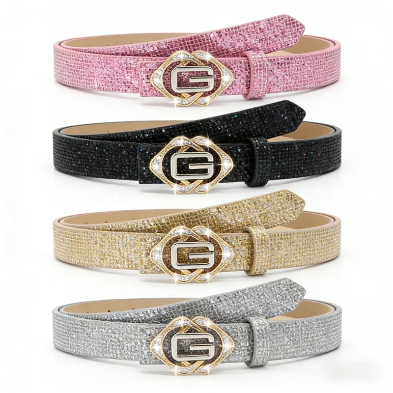 Women's Shiny Rhinestone Belt, Luxurious Crystal G-Type Buckle Belt, Perfect for Dresses and Jeans, Y2K Style Hip Hop Party Belt
