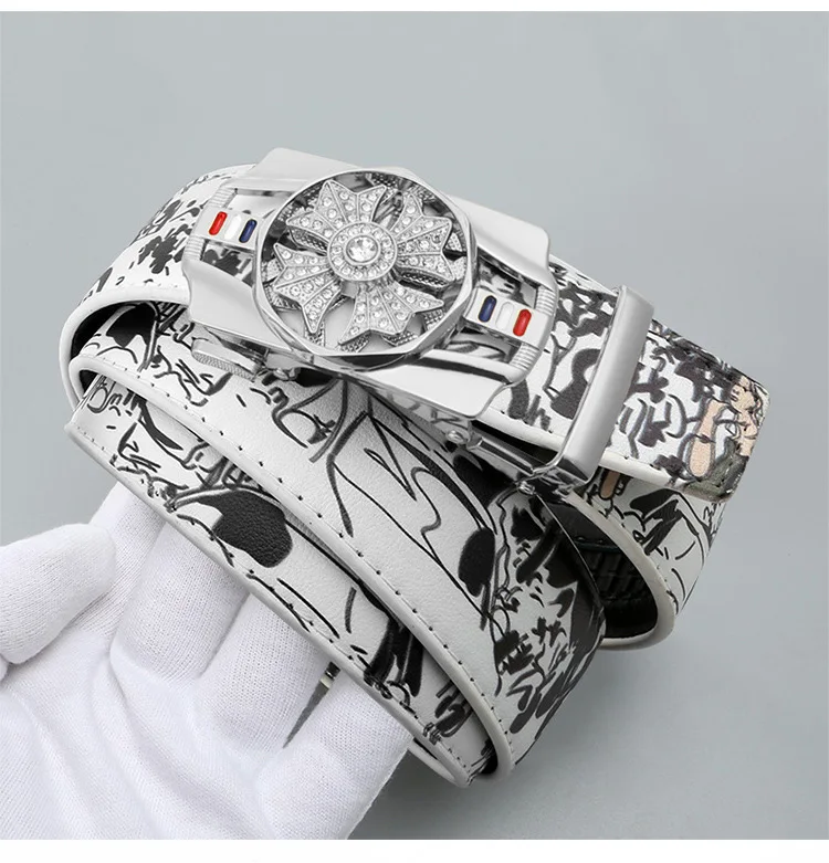 Men's Fashionable Automatic Belt with Rotating Buckle,Graffiti printPUBelt,Luxurious casual belt suitable for jeans and trousers