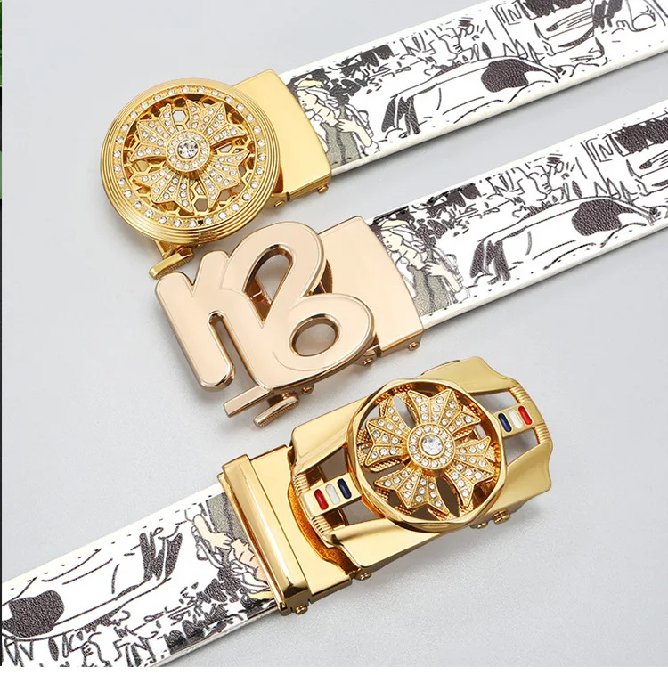 Men's Fashionable Automatic Belt with Rotating Buckle,Graffiti printPUBelt,Luxurious casual belt suitable for jeans and trousers