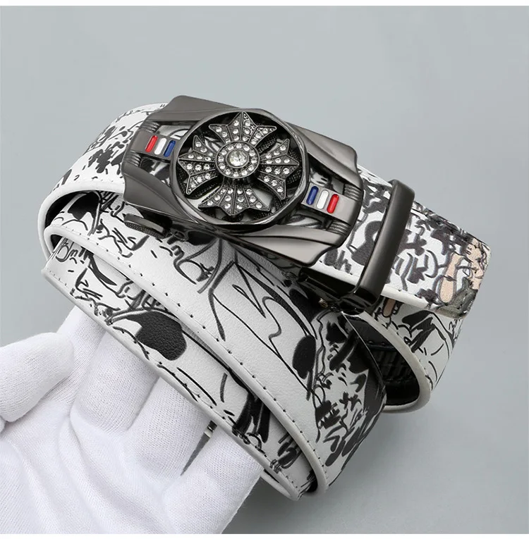 Men's Fashionable Automatic Belt with Rotating Buckle,Graffiti printPUBelt,Luxurious casual belt suitable for jeans and trousers