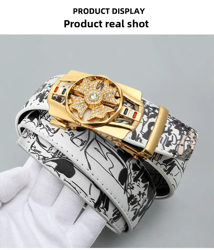 Men's Fashionable Automatic Belt with Rotating Buckle,Graffiti printPUBelt,Luxurious casual belt suitable for jeans and trousers