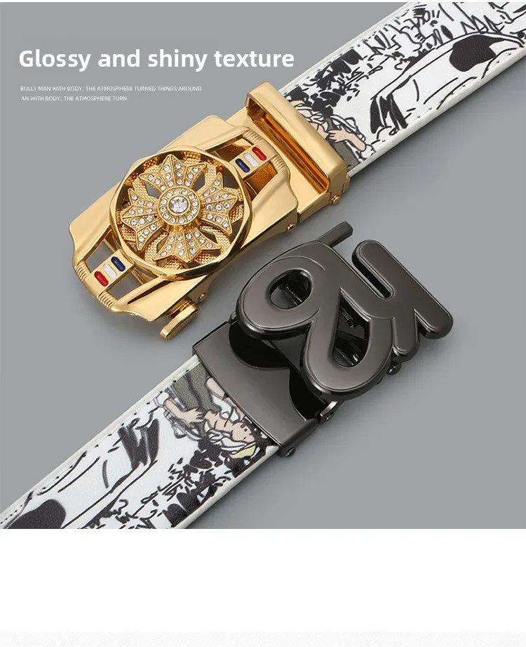 Men's Fashionable Automatic Belt with Rotating Buckle,Graffiti printPUBelt,Luxurious casual belt suitable for jeans and trousers