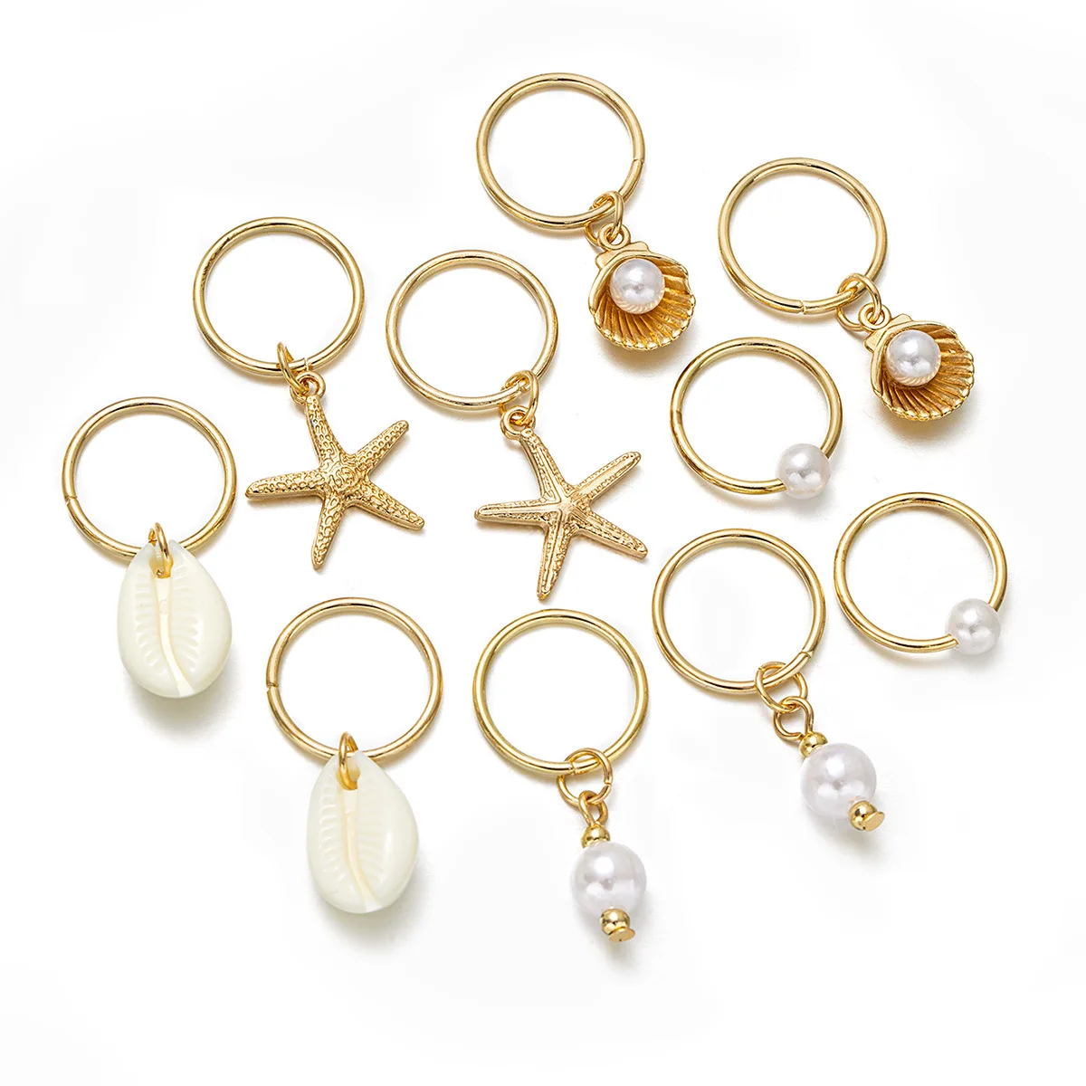 10PCS/set Sea Shell Braided Hair Rings Bohemian Vacation Style Hair Buckle Hip Hop Dirty Braid Personalized Casual Hair Clip