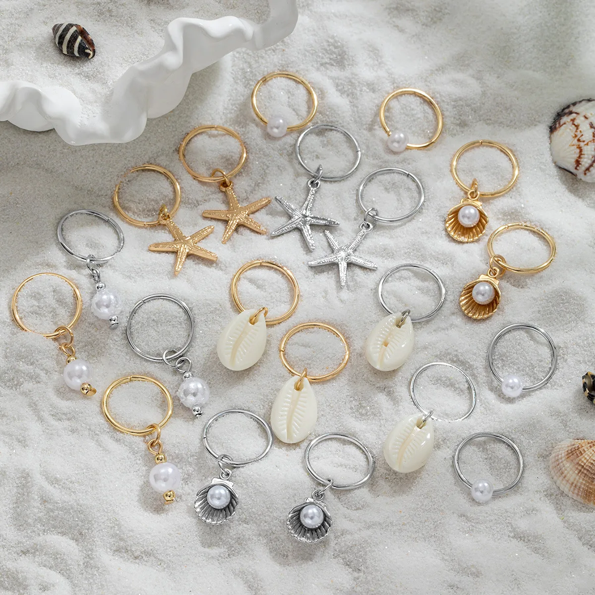 10PCS/set Sea Shell Braided Hair Rings Bohemian Vacation Style Hair Buckle Hip Hop Dirty Braid Personalized Casual Hair Clip
