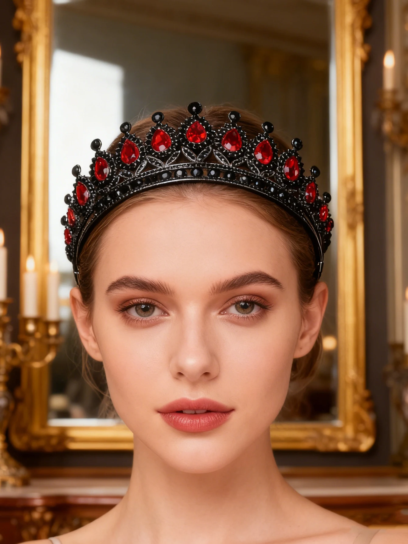 Retro Palace-Style Blue Diamond Crown Headband with Black Base, European and American Luxury Party Hair Accessory, Sparkling Headpiece for Evening Events