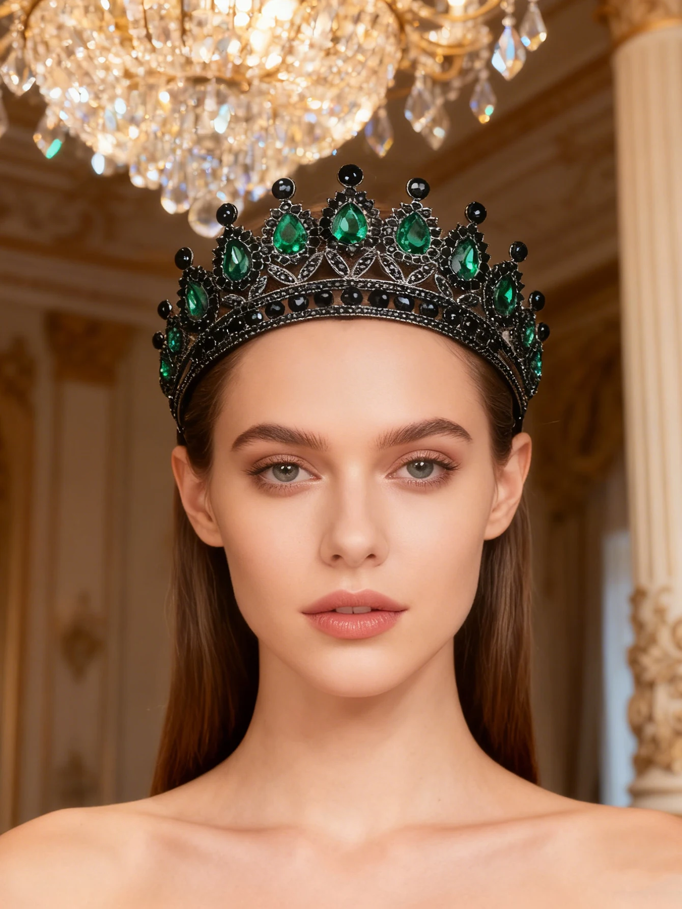 Retro Palace-Style Blue Diamond Crown Headband with Black Base, European and American Luxury Party Hair Accessory, Sparkling Headpiece for Evening Events