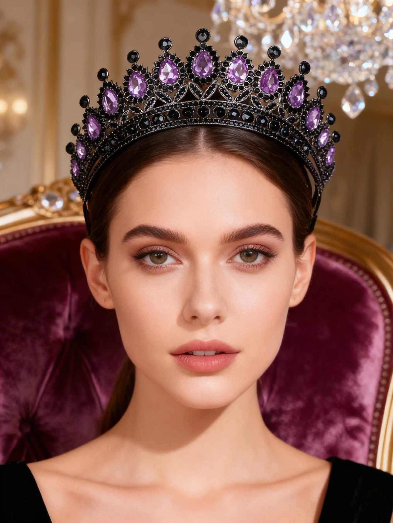 Retro Palace-Style Blue Diamond Crown Headband with Black Base, European and American Luxury Party Hair Accessory, Sparkling Headpiece for Evening Events