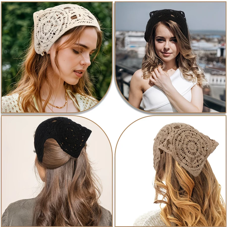 Hollow Crochet Headband for Women, 1 Piece Bohemian Triangle Headband, Adjustable Non-Slip Headband, Vintage Hair Scarf, Knitted Headband for Tying Back Hair, Black Beige Khaki