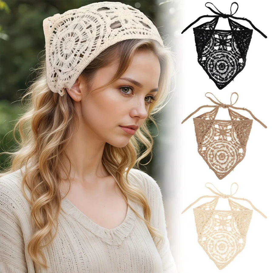 Hollow Crochet Headband for Women, 1 Piece Bohemian Triangle Headband, Adjustable Non-Slip Headband, Vintage Hair Scarf, Knitted Headband for Tying Back Hair, Black Beige Khaki