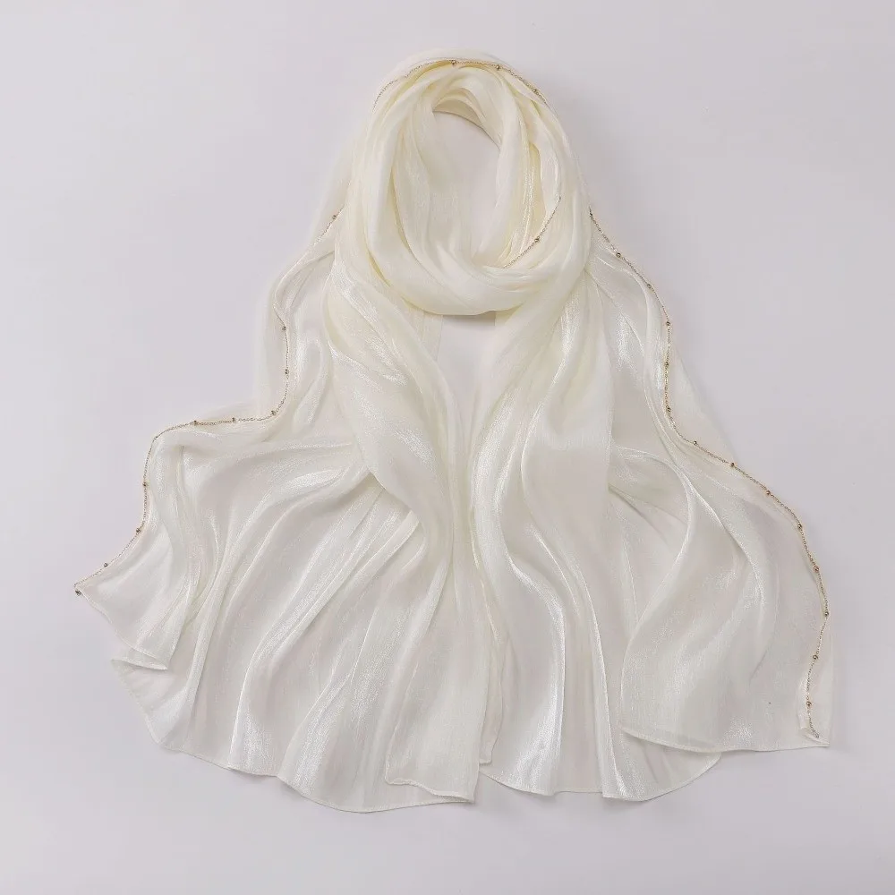 High Qulaity Solid Color Silk Scarf Shining Unilateral golden chain Chiffon Hijab Veil Long Chiffon Sunscreen Headscarf Outdoor