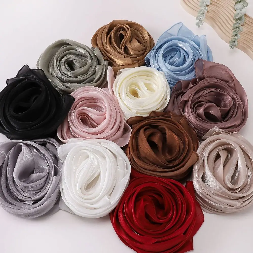 High Qulaity Solid Color Silk Scarf Shining Unilateral golden chain Chiffon Hijab Veil Long Chiffon Sunscreen Headscarf Outdoor
