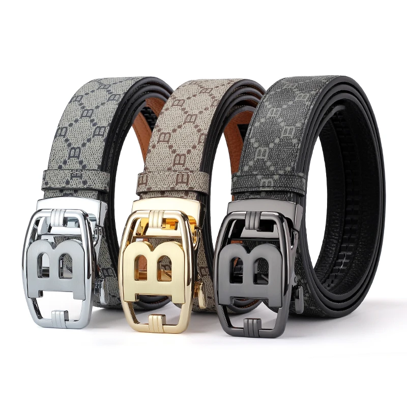 Men's B Letter Automatic Buckle Belt Monogram Print PU Leather Waist Belt for Business Casual Jeans