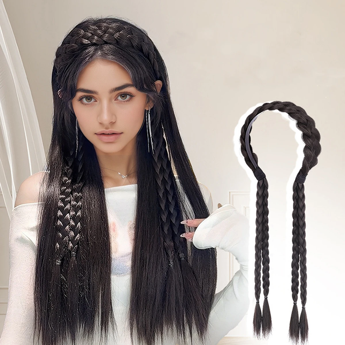 Braided Ponytail Hairpiece Elastic Bun Loop Easy Wear Synthetic Ponytail Adjustable With Double Braids Elastic Band