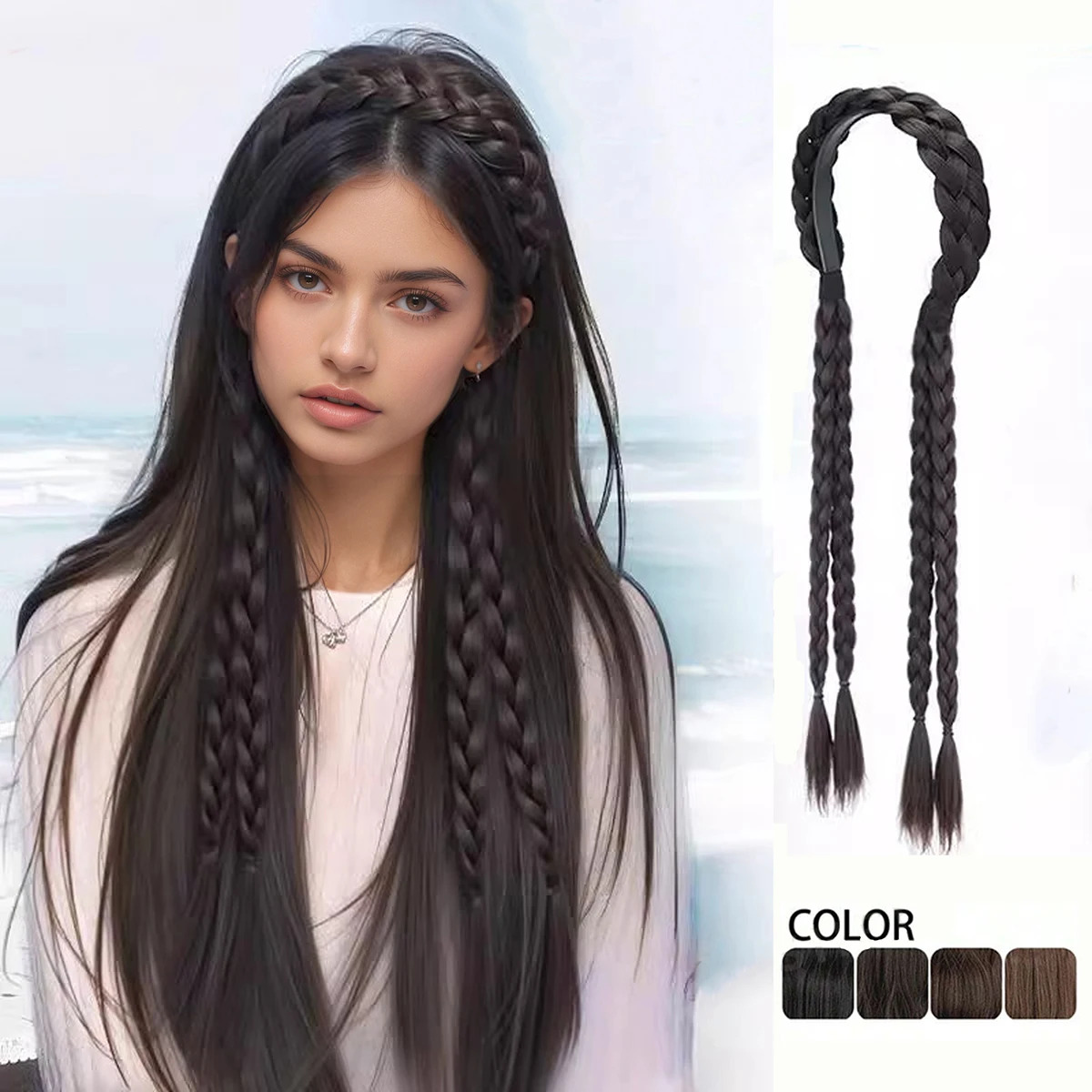 Braided Ponytail Hairpiece Elastic Bun Loop Easy Wear Synthetic Ponytail Adjustable With Double Braids Elastic Band