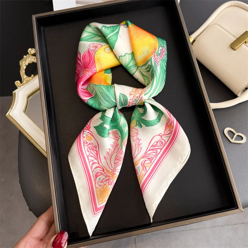 Lemon Print Silk Square Scarf Women Luxury Soft Satin Kerchief Thin Neck Scarf Fashion Sunscreen Headscarf For Women Bag Ribbon