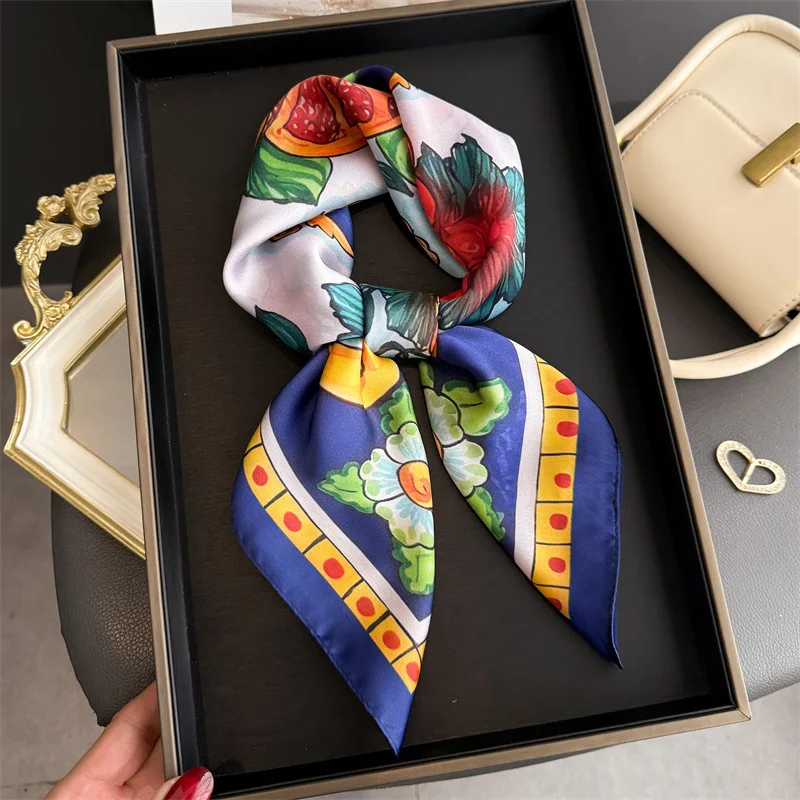 Lemon Print Silk Square Scarf Women Luxury Soft Satin Kerchief Thin Neck Scarf Fashion Sunscreen Headscarf For Women Bag Ribbon