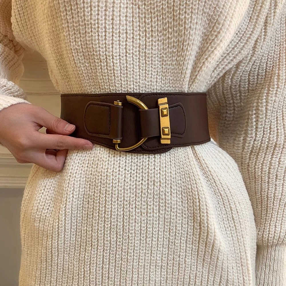 Retro-Style Rivet Buckle Wide Belt, Elastic Design, Lightweight Material, Suitable for Dresses, Coats, Suits, Waist Cinchers, One-Size-Fits-All
