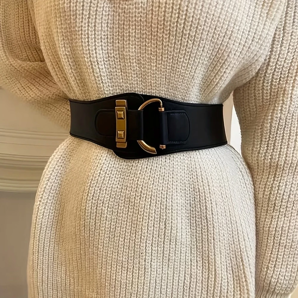 Retro-Style Rivet Buckle Wide Belt, Elastic Design, Lightweight Material, Suitable for Dresses, Coats, Suits, Waist Cinchers, One-Size-Fits-All
