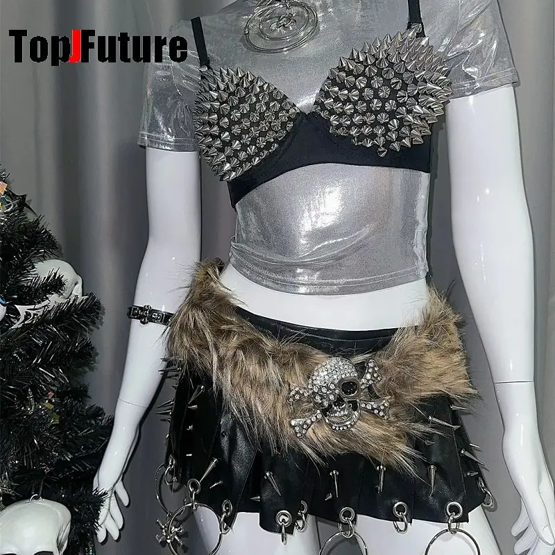 European American Y2K Spicy Girl Belt Subculture Punk Streetwear Rhinestone Skull Hand Claw Belt Faux Fur Waist Accessories