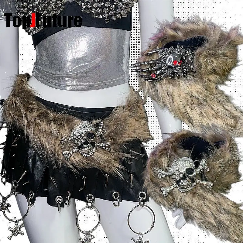 European American Y2K Spicy Girl Belt Subculture Punk Streetwear Rhinestone Skull Hand Claw Belt Faux Fur Waist Accessories