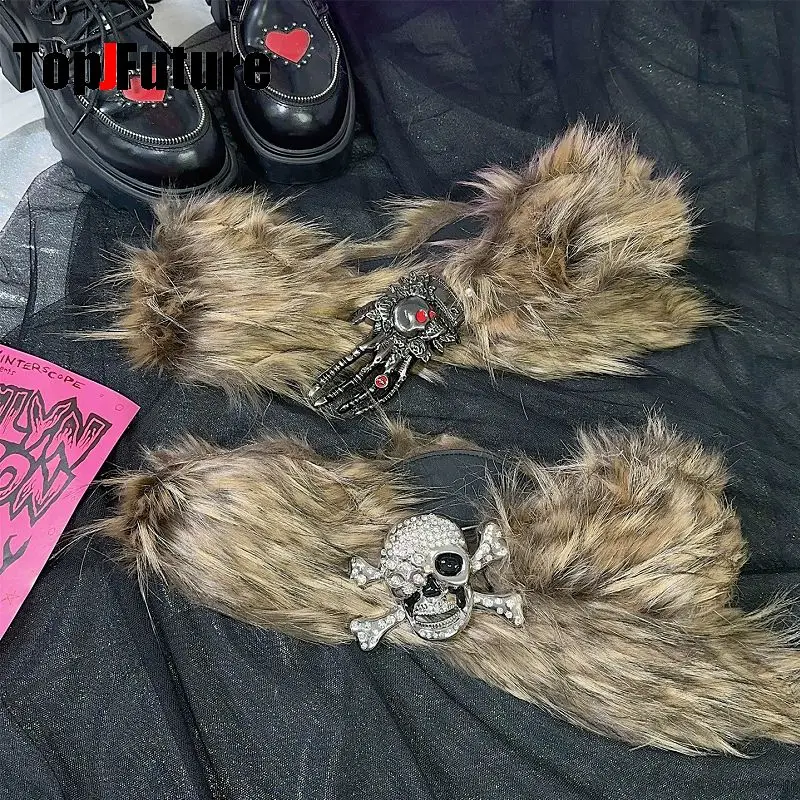 European American Y2K Spicy Girl Belt Subculture Punk Streetwear Rhinestone Skull Hand Claw Belt Faux Fur Waist Accessories