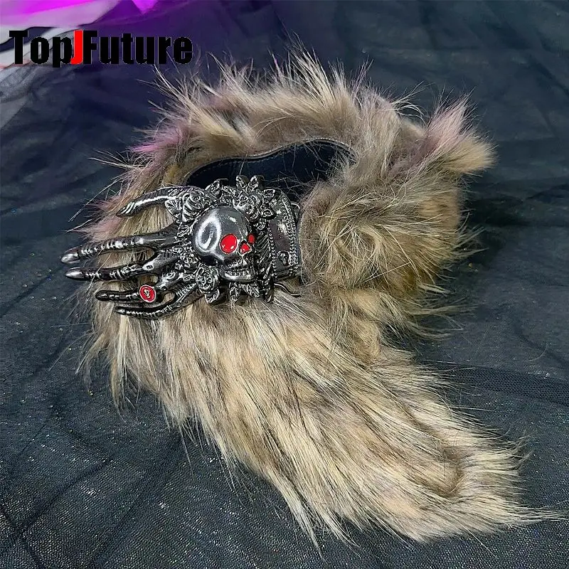 European American Y2K Spicy Girl Belt Subculture Punk Streetwear Rhinestone Skull Hand Claw Belt Faux Fur Waist Accessories