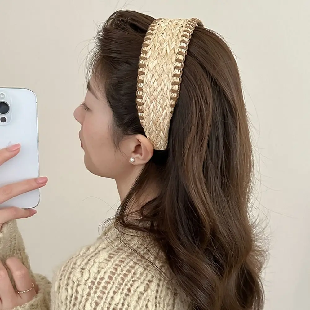 Wide Edge Straw Weave Headband Bohemia Vacation Style Raffia Grass Hairband Woven Korean Style Bohemian Style Hair Hoop Headwear