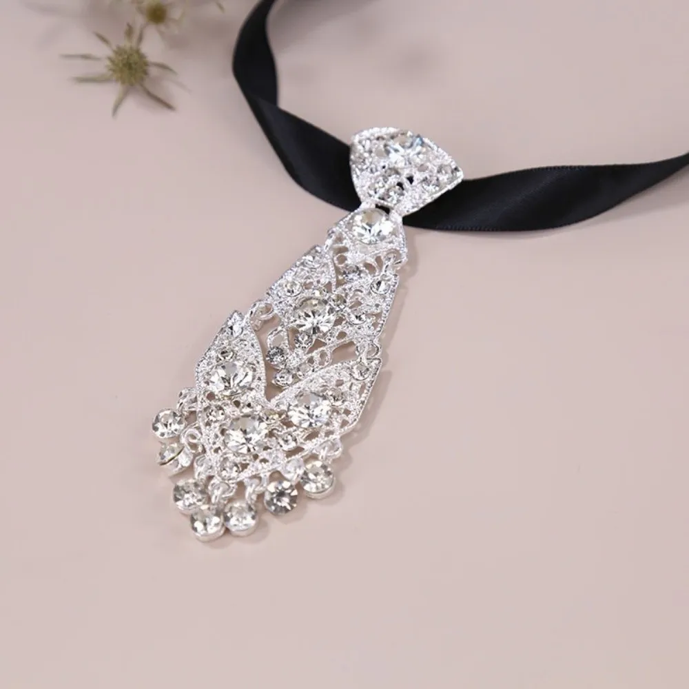 Special Adjustable Rhinestone Tie Short Length Fashion Crystal Neckties Shining Metal Short Tie Wine Party