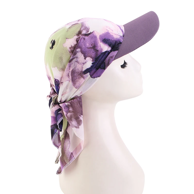 Women Pre-Tied Outdoor Hat sun hat Print Hijab Caps Breathable and lightweight chiffon duck tongue scarf hat Baseball Caps