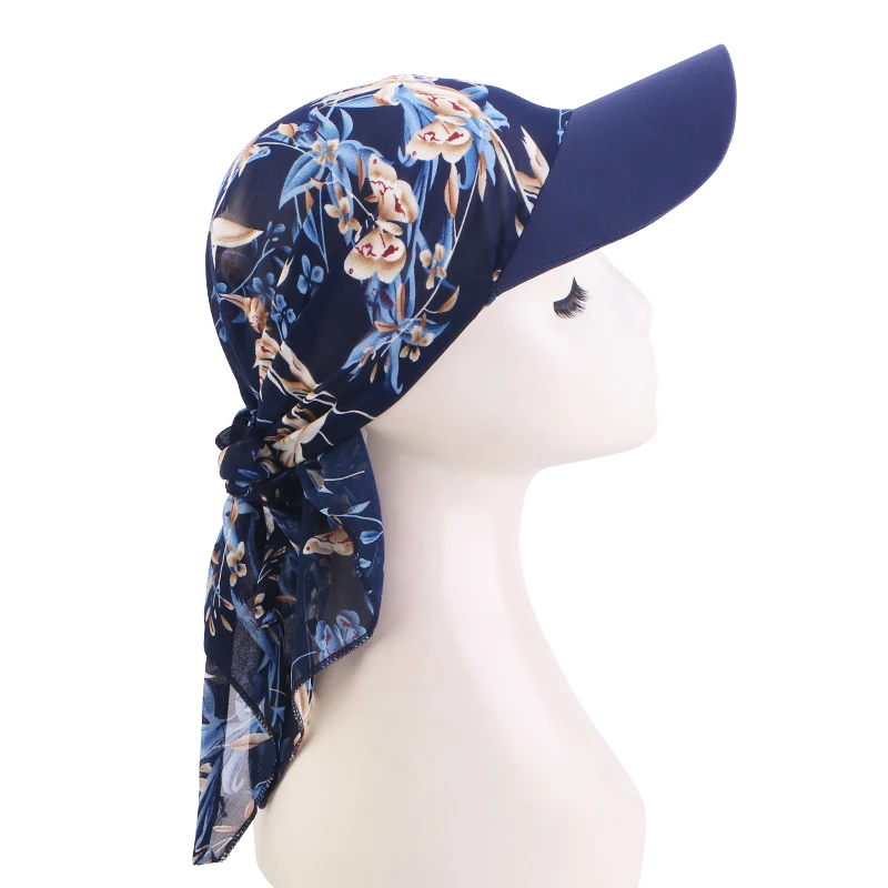 Women Pre-Tied Outdoor Hat sun hat Print Hijab Caps Breathable and lightweight chiffon duck tongue scarf hat Baseball Caps