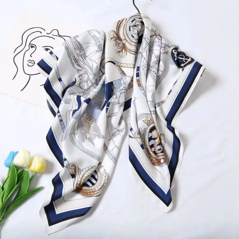 90*90cm Women Square Silk Scarf Luxury Brand Bandana Large Hijab Shawl Neckerchief Print Headband Female Foulard Wraps Scarves