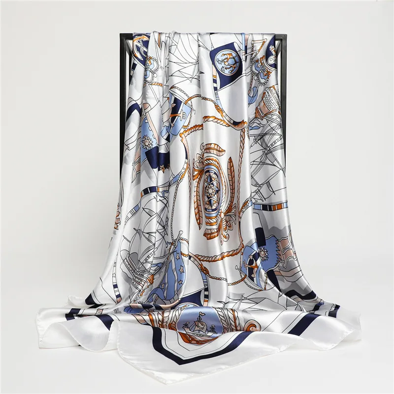 90*90cm Women Square Silk Scarf Luxury Brand Bandana Large Hijab Shawl Neckerchief Print Headband Female Foulard Wraps Scarves