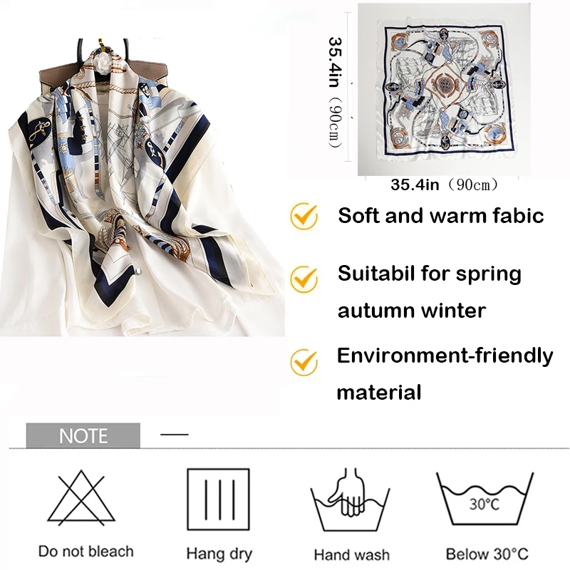 90*90cm Women Square Silk Scarf Luxury Brand Bandana Large Hijab Shawl Neckerchief Print Headband Female Foulard Wraps Scarves