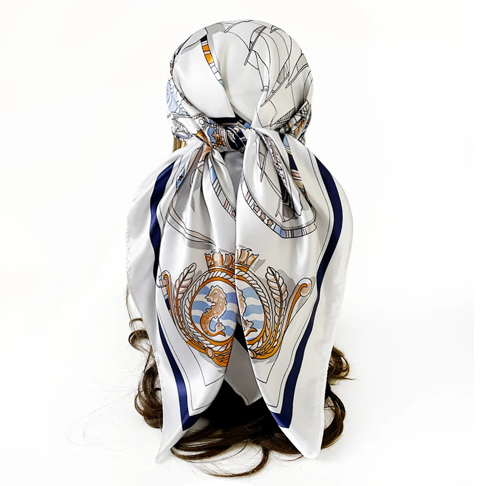 90*90cm Women Square Silk Scarf Luxury Brand Bandana Large Hijab Shawl Neckerchief Print Headband Female Foulard Wraps Scarves